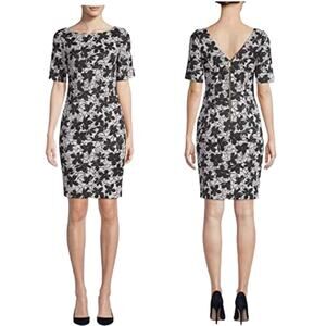 Calvin Klein Black & White Floral Short Sleeve Dress Size 8 Stretch Jacquard